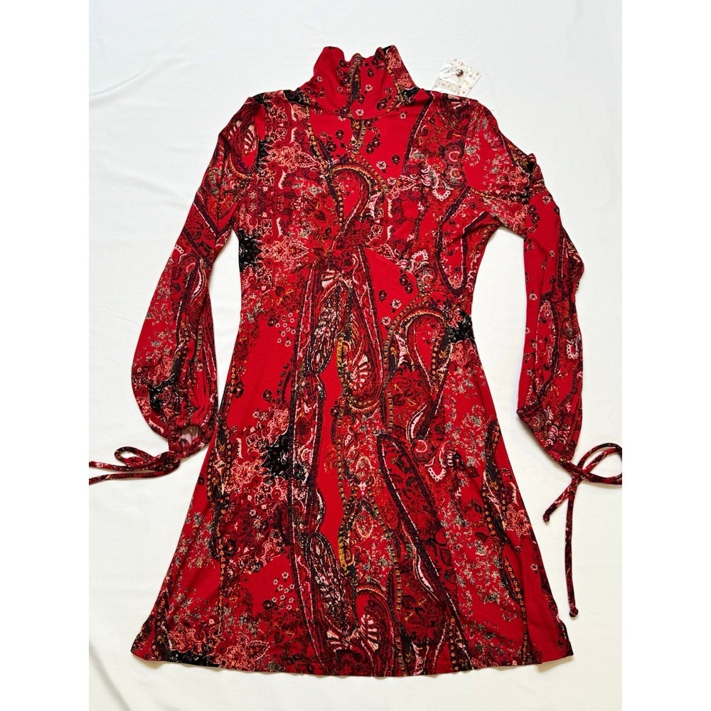 NWT Free People All Dolled Up Sz S Red Paisley Mock Neck Boho Mini Dress